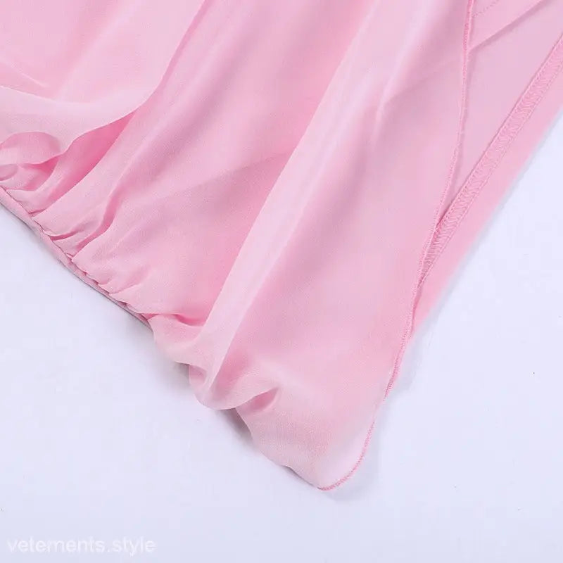 Pink satin skirt with ruffled hem in sexy mesh ribbon dress