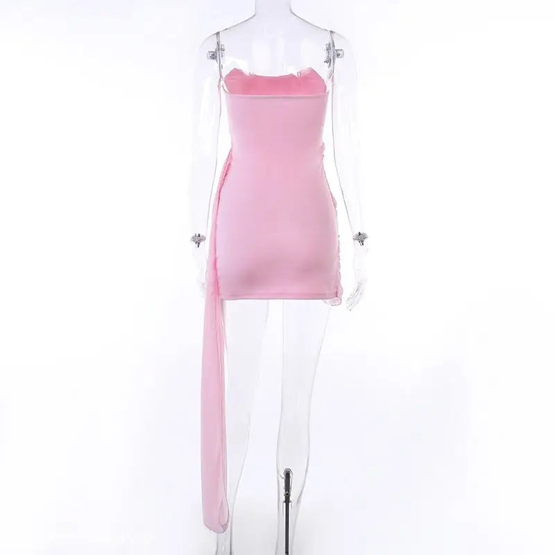 Pink sexy mesh ribbon dress with strapless high slit and textured fabric