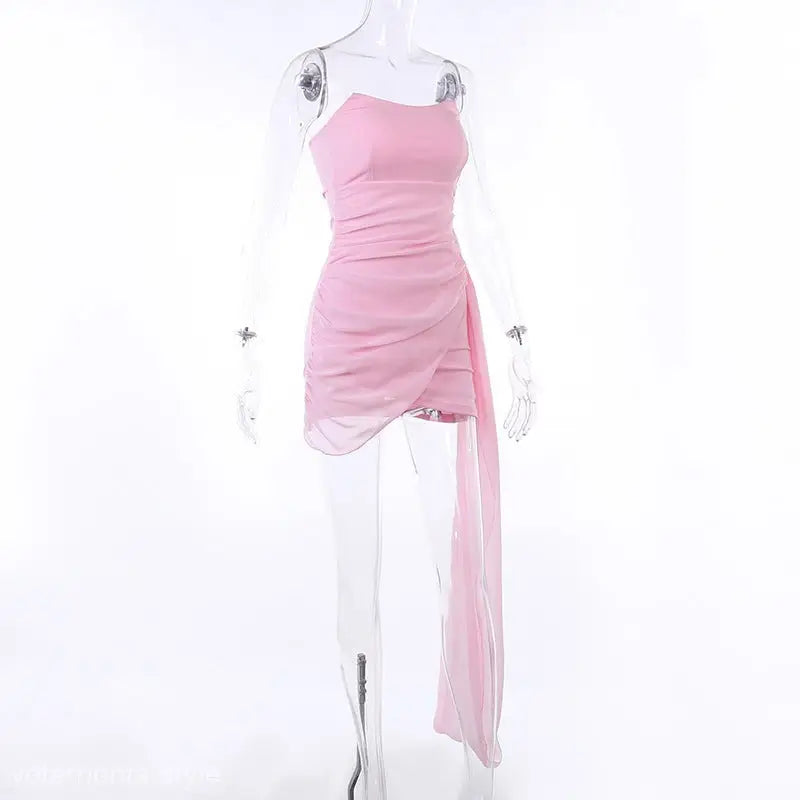 Pink sexy mesh ribbon dress with asymmetrical hem and side slit