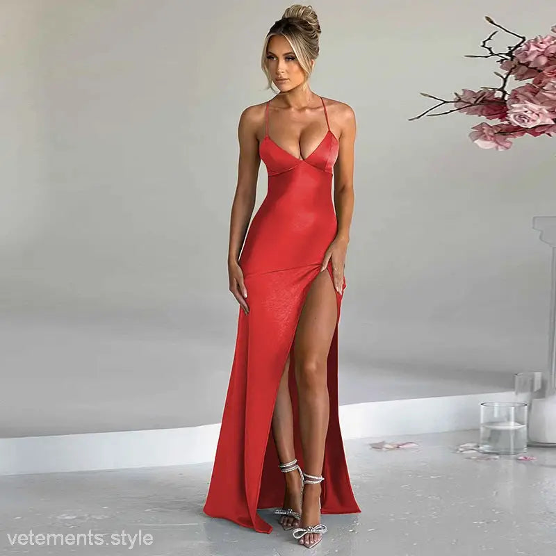 Red satin backless dress with high slit and spaghetti straps for summer events