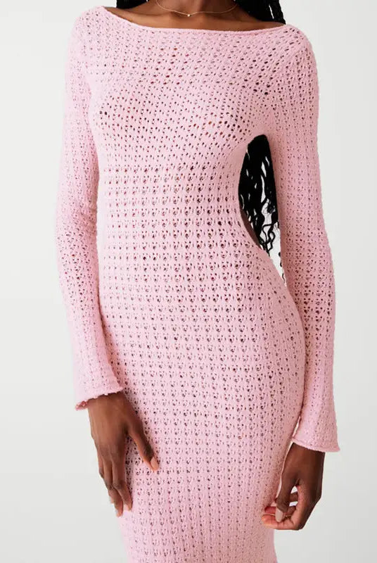 Pink crocheted long-sleeved backless knitted dress for parties and clubs