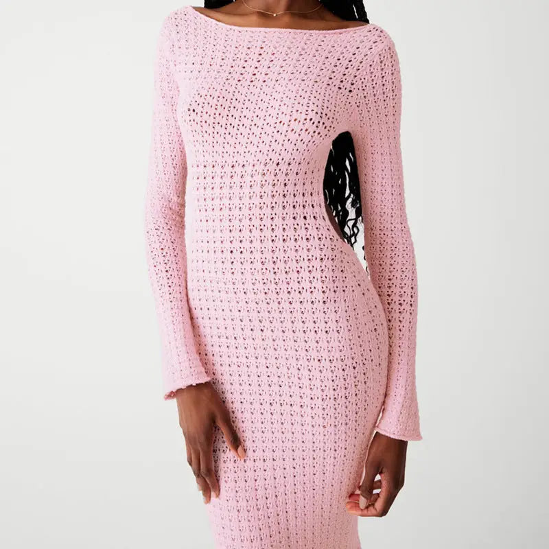Pink crocheted long-sleeved backless knitted dress for parties and clubs