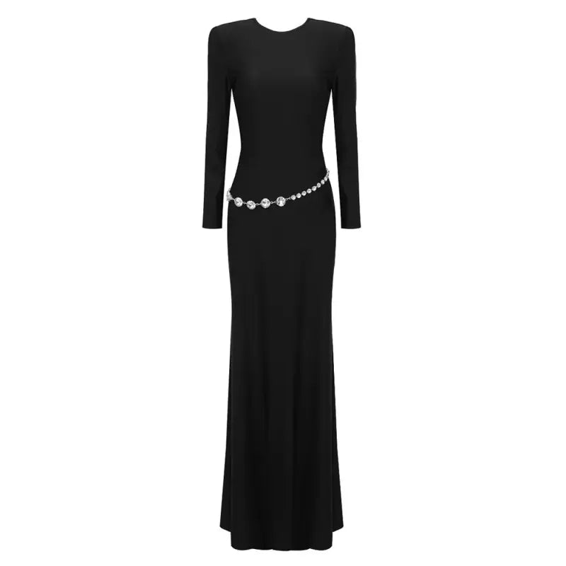 Long-sleeved black evening gown with pearl belt, a stunning backless maxi dress option