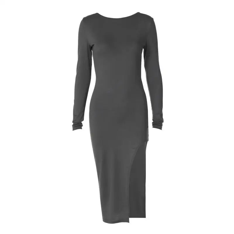 Long-sleeved gray midi dress featuring a round neckline and backless split design