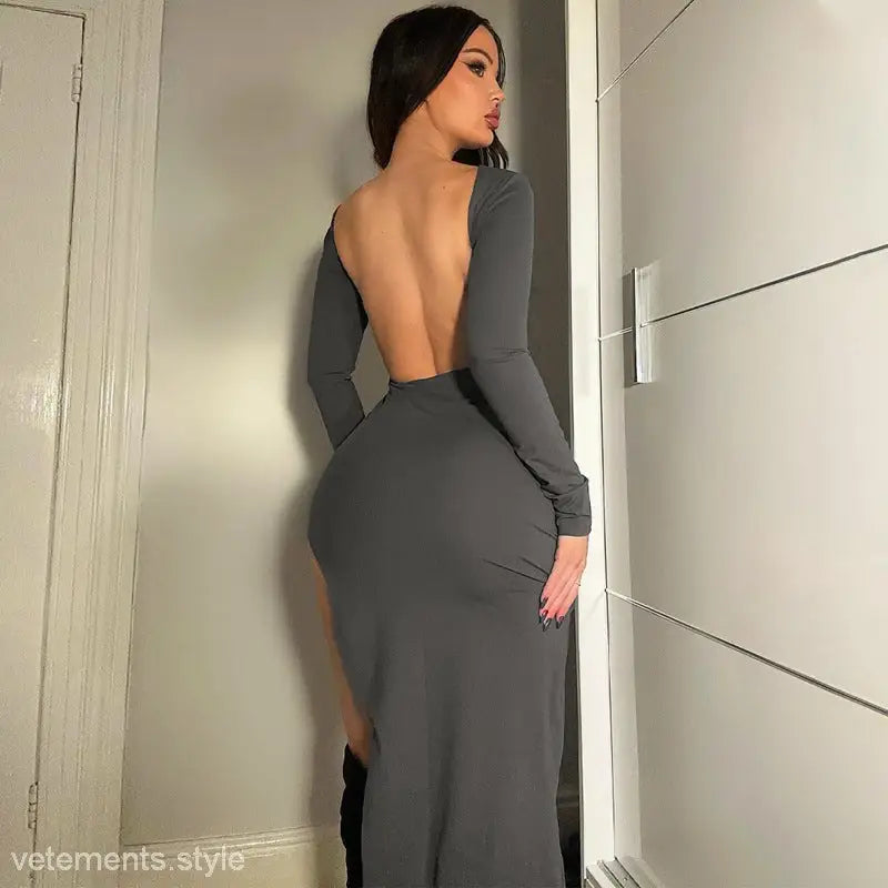 Long gray backless split dress with sleeves, perfect for parties and clubs