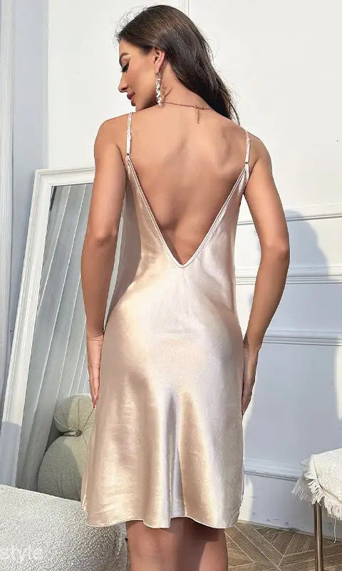 Silky champagne backless suspender pajamas with plunging back