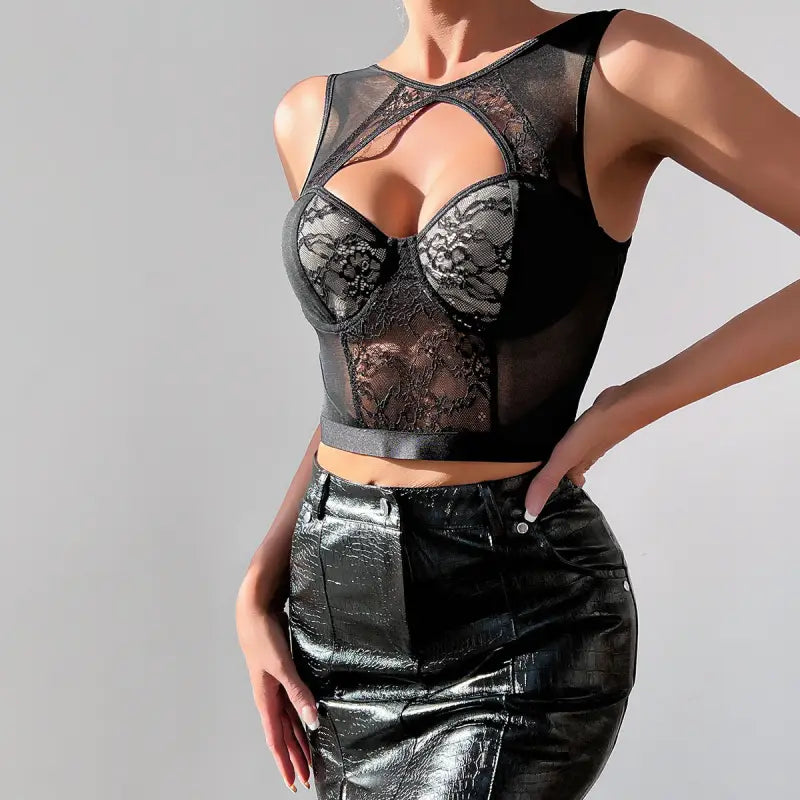 Black lace grenadine cutout crop top tank showcasing sexy black lace bustier design