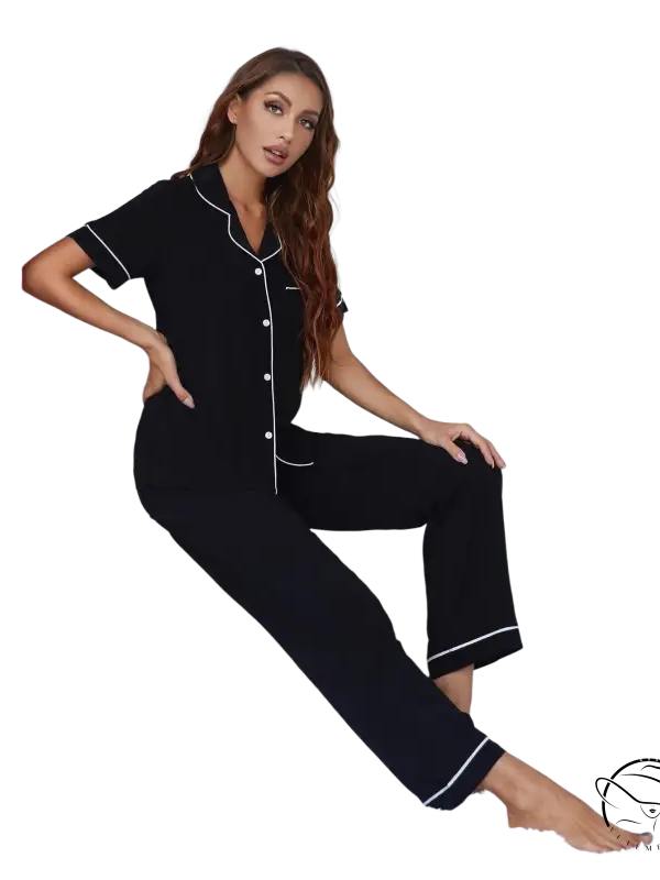 Sexy black two piece suit pajamas with short sleeved trousers