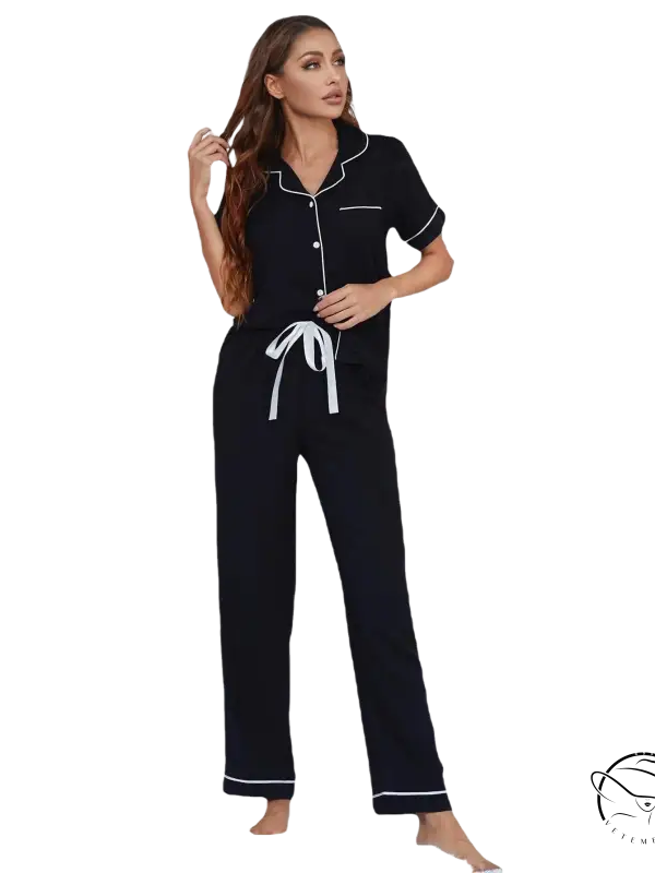 Sexy black two piece suit pajamas with short sleeved trousers and white piping