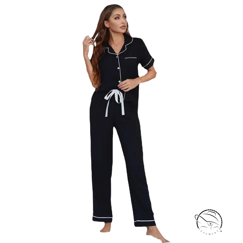 Sexy black two piece suit pajamas with short sleeved trousers and white piping