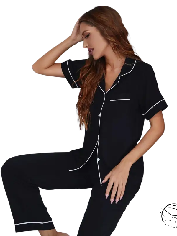 Sexy black two piece suit pajamas with short sleeved trousers