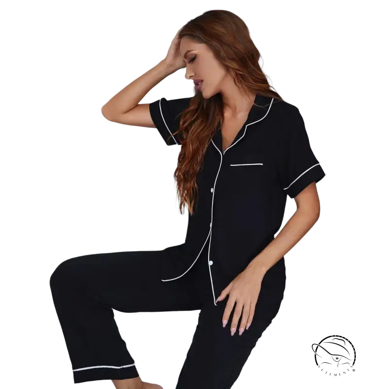 Sexy black two piece suit pajamas with short sleeved trousers