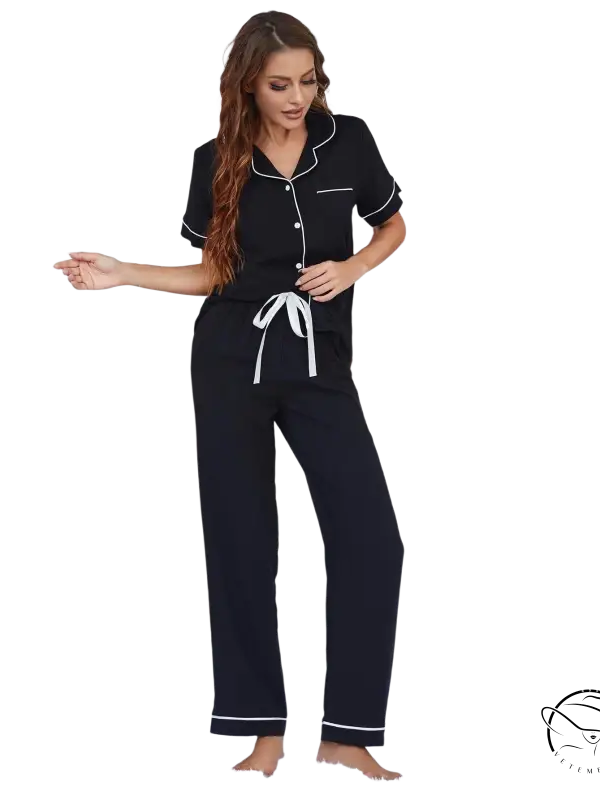 Sexy black two piece suit pajamas with short sleeved trousers