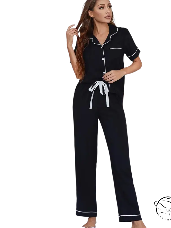 Sexy black two piece suit pajamas with short sleeved trousers