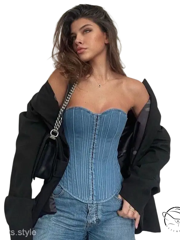 Sexy blue denim split wrapped chest tube top for summer