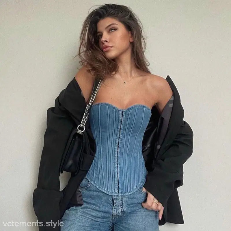 Sexy blue denim split wrapped chest tube top for stylish summer wear