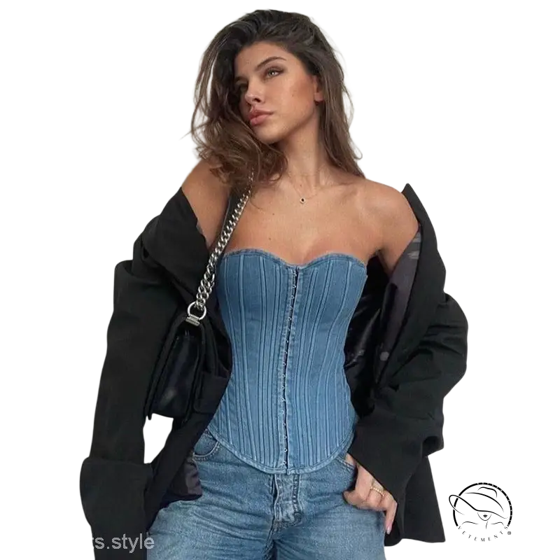 Sexy blue denim split wrapped chest tube top for summer