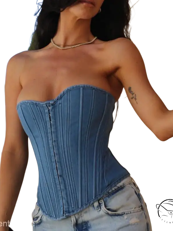 Sexy blue denim split wrapped chest tube top for summer
