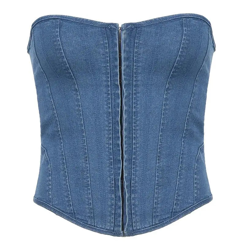 Sexy blue denim split wrapped chest tube top for stylish summer wear