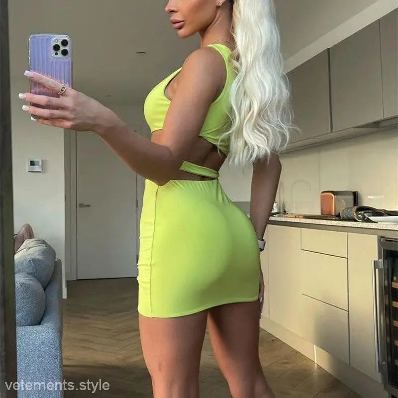 Neon green sexy bodycon dress with cutout one shoulder sleeve for parties