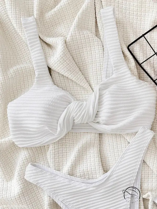 Sexy boho swimsuit with white ribbed fabric and knotted front detail