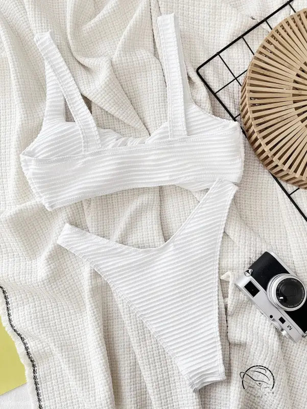 Sexy boho swimsuit with white ribbed bandeau top and high-cut bottoms