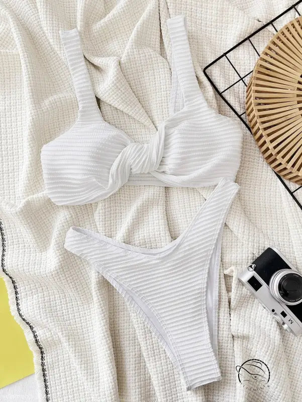 Sexy boho swimsuit with white ribbed tie-front top and high-cut bottoms