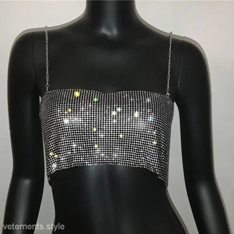 Sparkly silver chain camisole corset with thin straps, backless lace, and tulle design