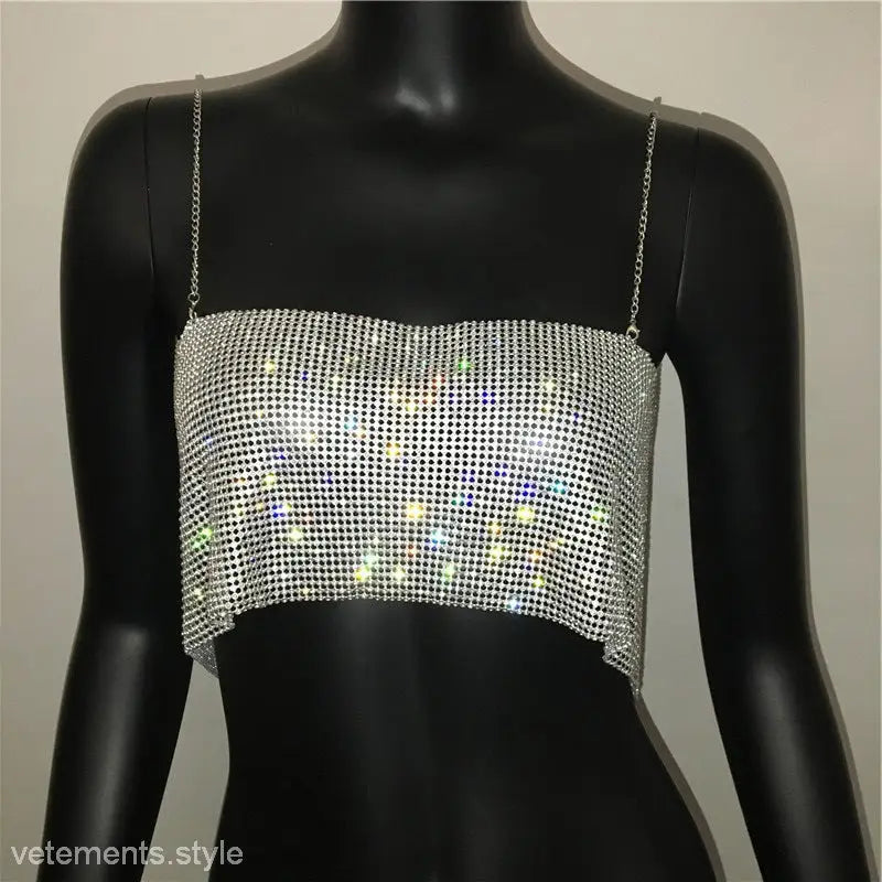 Sparkling silver chain camisole corset with thin straps, ideal for sexy chain camisole fashion