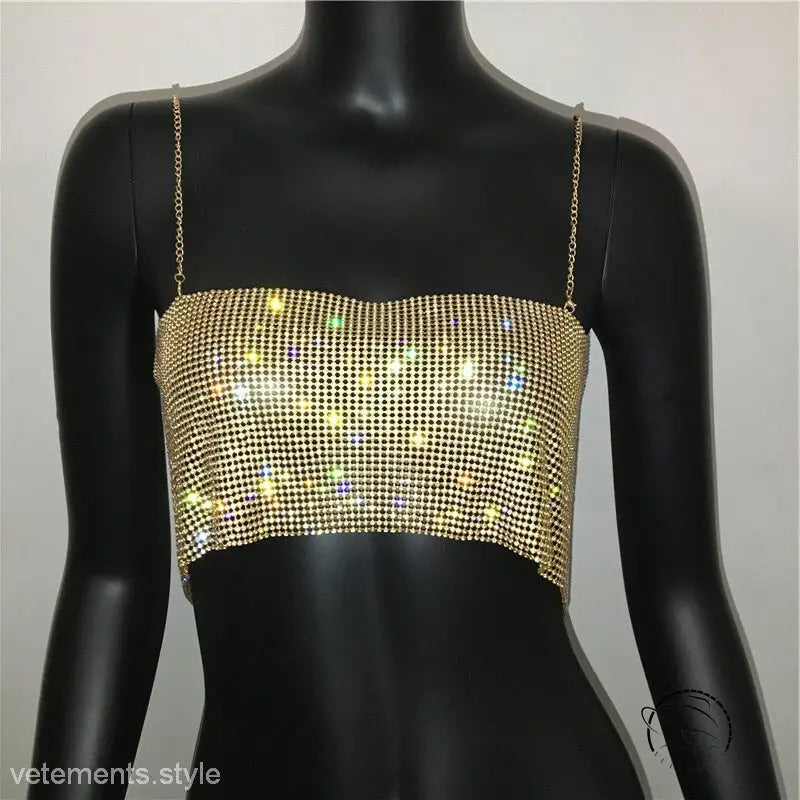 Sexy chain camisole corset with glittering gold chainmail crop top