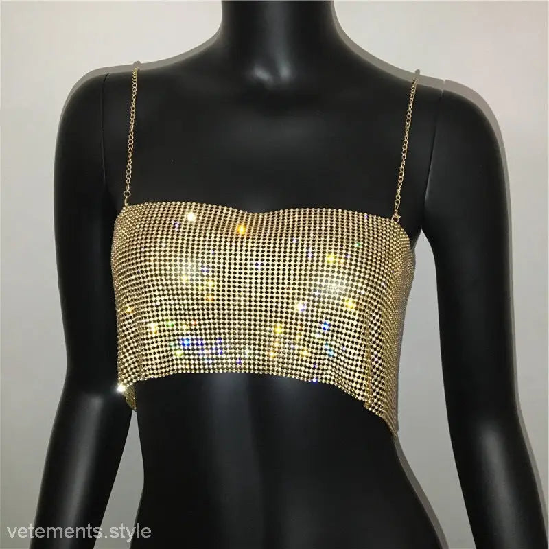 Glittering gold mesh crop top with thin chain straps, part of the Chain Camisole Corset collection