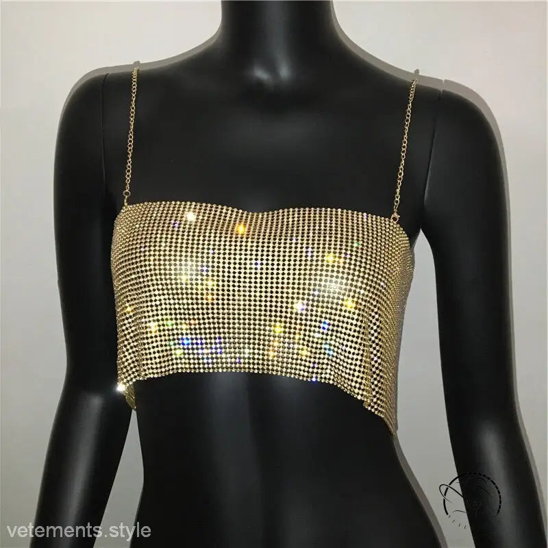 Glittering gold chain camisole corset with mesh crop top and lace tulle design