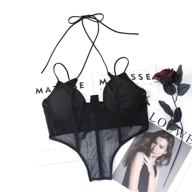 Black sheer mesh teddy with halter neck and thin straps, stylish solid comfy corset