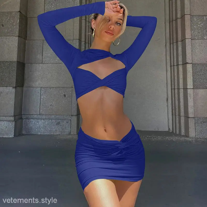 Blue two-piece cutout long sleeve crop top, sexy cutout long sleeve dress for stylish attire