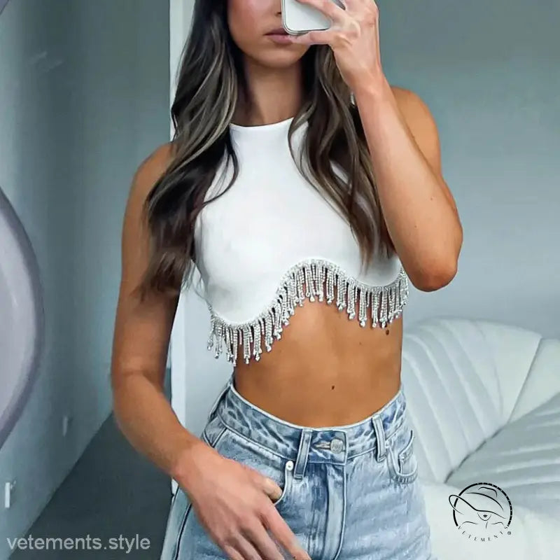 Sexy daily vest: solid rib rhinestone fringe crop top in polyester