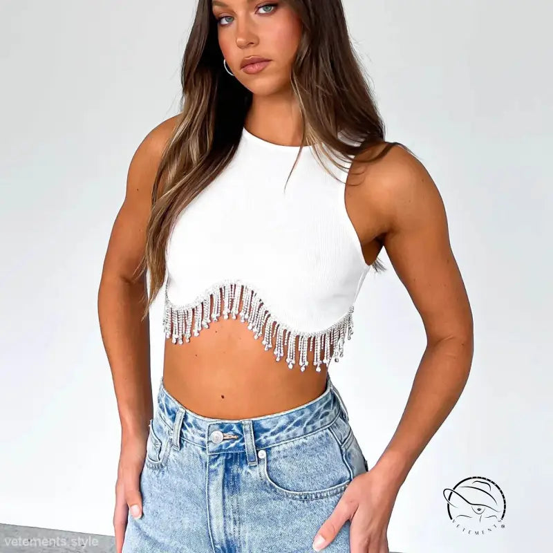 Sexy daily vest: white sleeveless rib crop top with rhinestone fringe trim