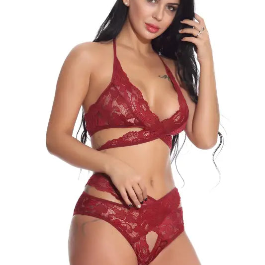 Red embroidered lace lingerie halter set with cutout design, sexy embroidered lace detailing