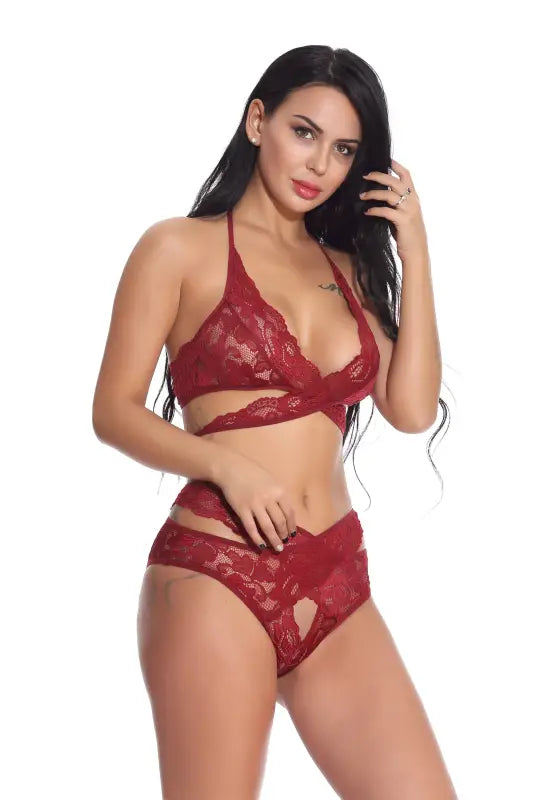 Red embroidered lace lingerie halter set with cutout design, sexy embroidered lace detailing