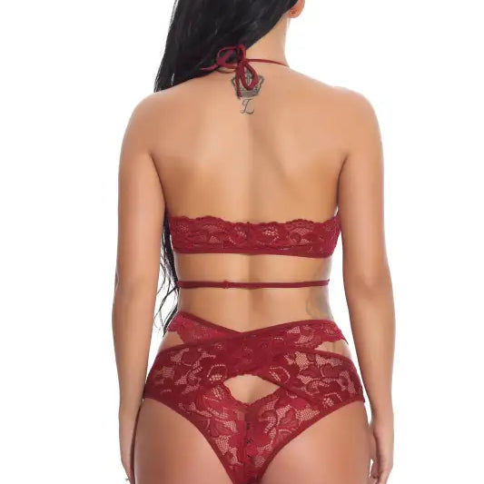 Embroidered lace lingerie halter set featuring cutout design and sexy embroidered lace details