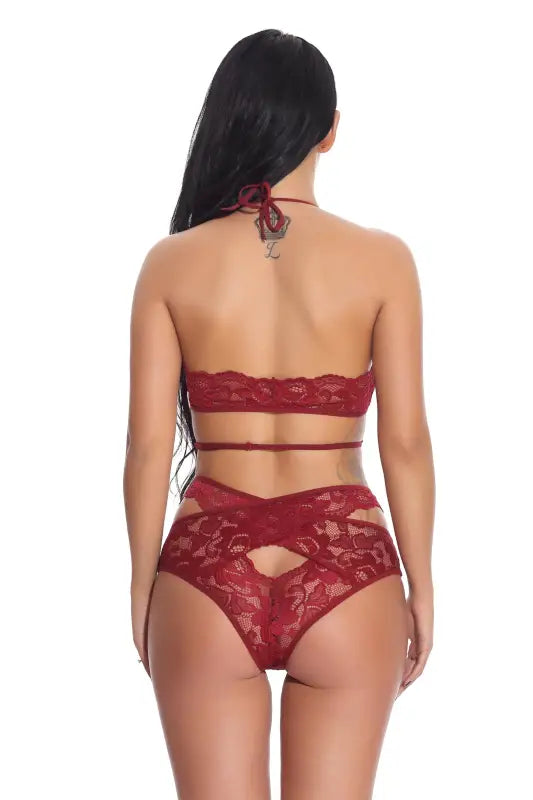 Embroidered lace lingerie halter set featuring cutout design and sexy embroidered lace details