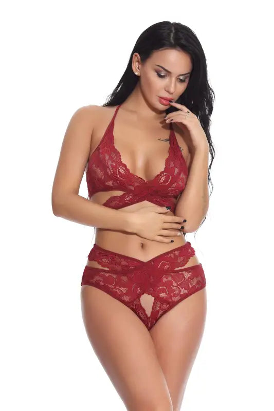 Burgundy embroidered lace lingerie halter set with cutout design for sexy embroidered lace appeal