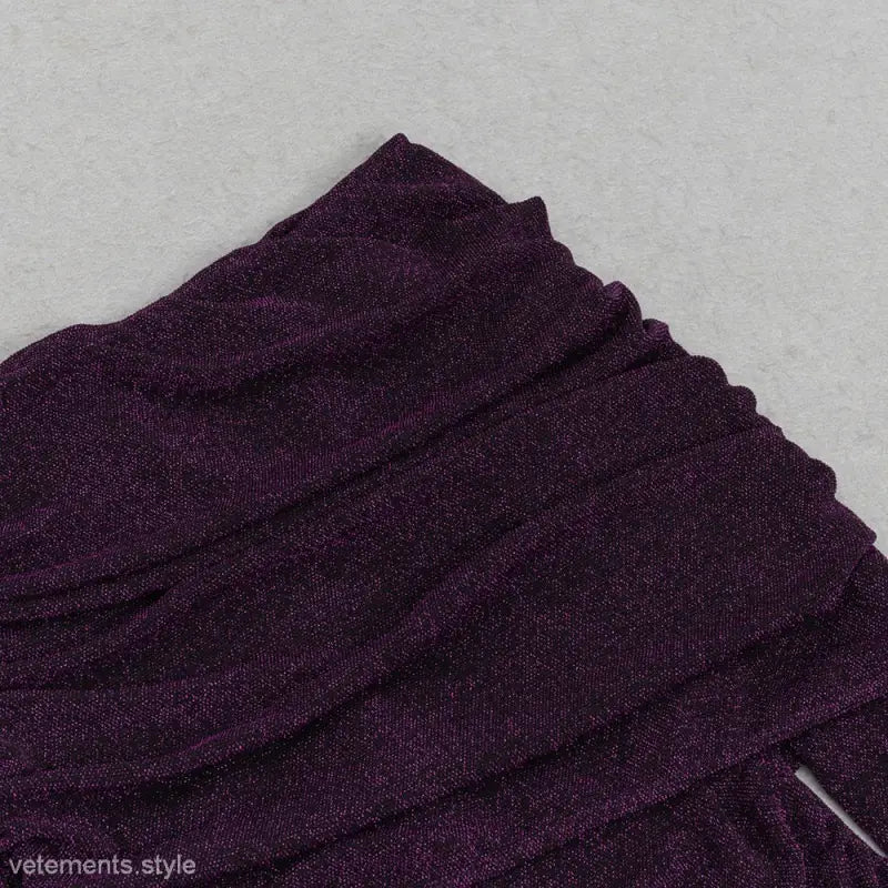 Wrinkled dark purple fabric of sexy evening slit dress with off-shoulder sleeves, free shipping
