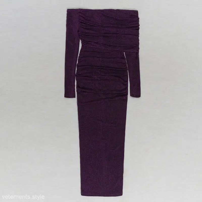 Purple off-the-shoulder ruched dress, sexy evening slit dress with free shipping
