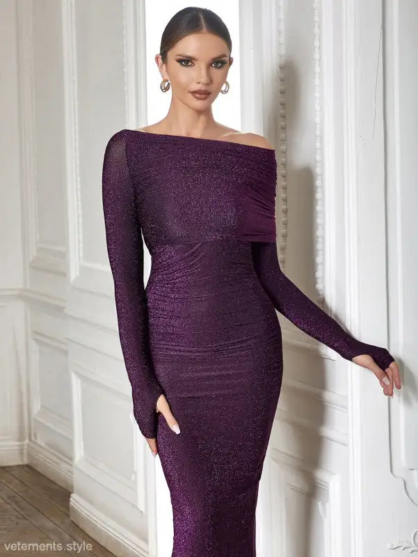 Elegant purple off-the-shoulder slit dress perfect for sexy evening occasions with free shipping