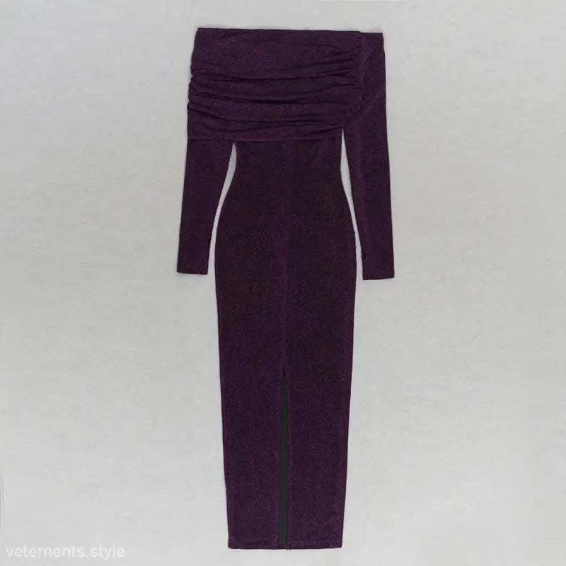 Purple off-the-shoulder long-sleeved sexy evening slit dress with free shipping