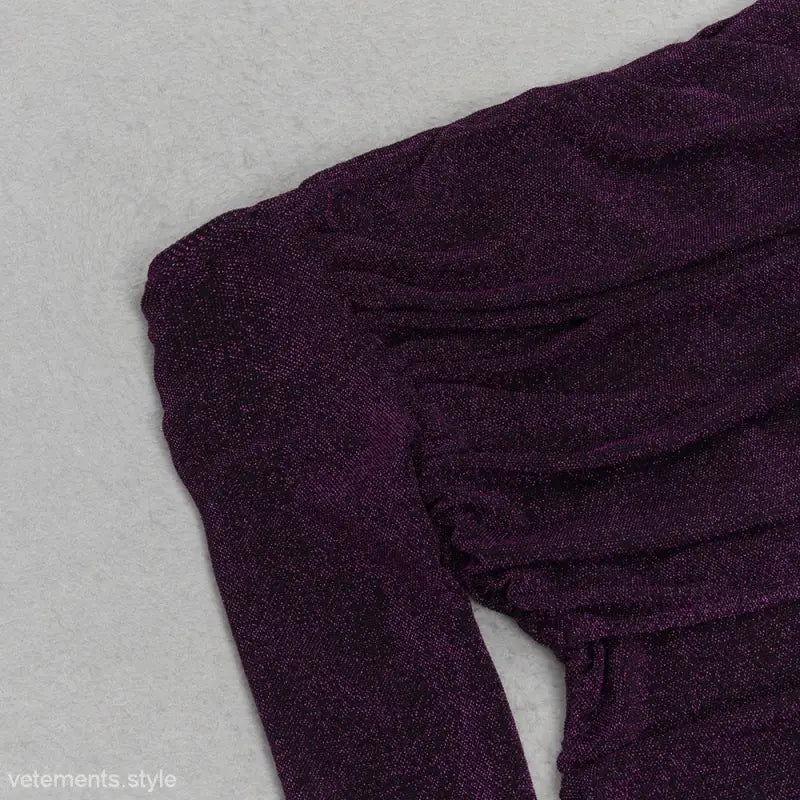 Sparkly purple draped top for sexy evening slit dress with off-shoulder sleeves, free shipping