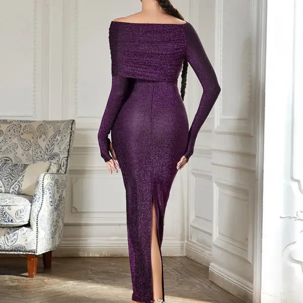Sparkly purple sexy evening slit dress with off-the-shoulder sleeves, free shipping included