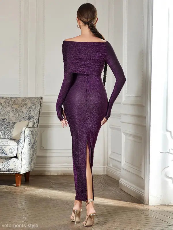 Sparkly purple sexy evening slit dress with off-the-shoulder sleeves, free shipping included