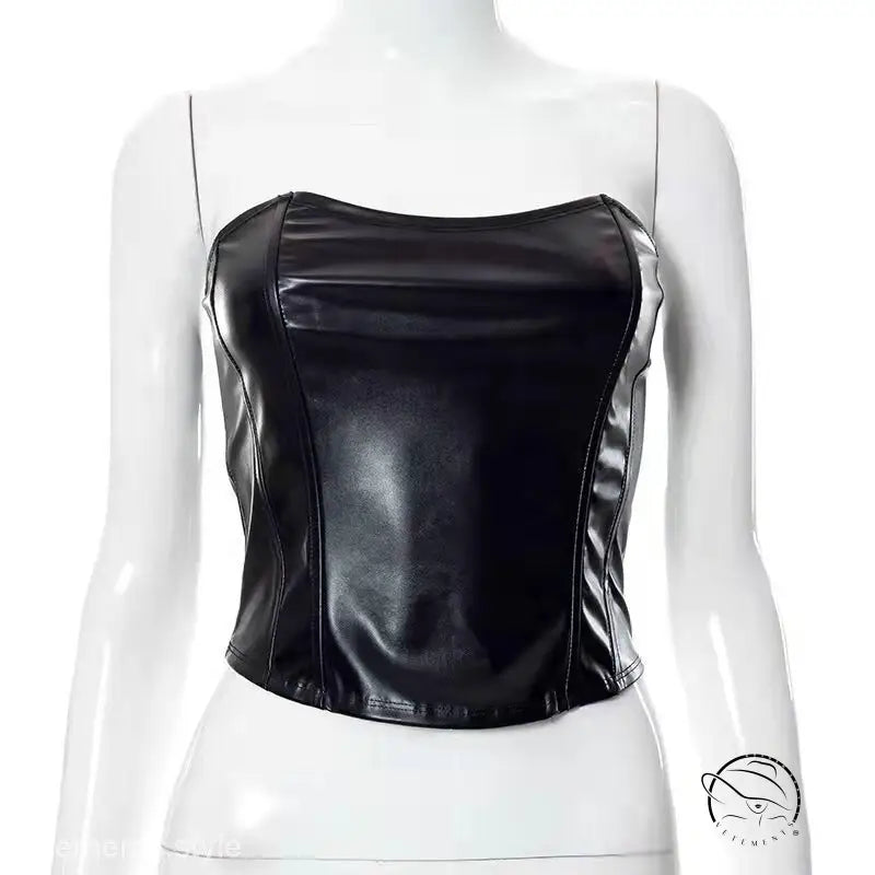 Black faux leather strapless corset crop top vest by Langry