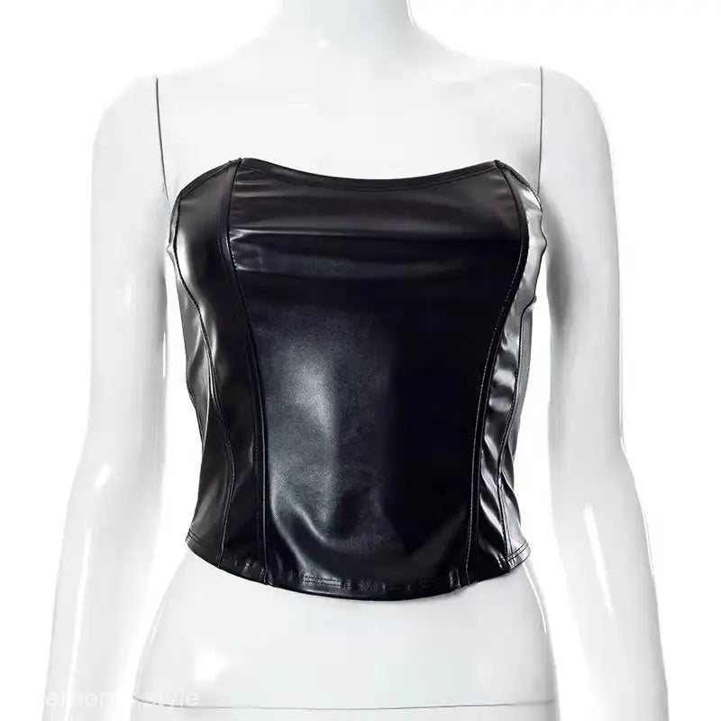 Faux leather strapless crop tube top vest, stylish leather vest for summer wear